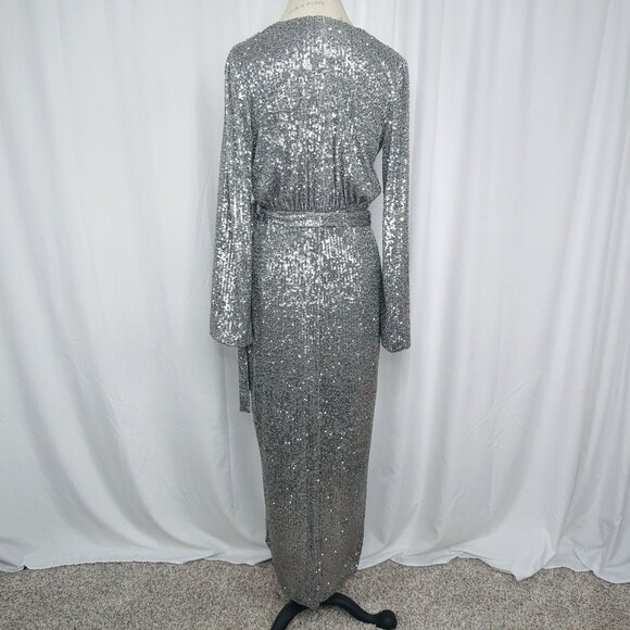 Halston Silver Sequin Dress 6 Small Wrap Midi - Picture 10 of 15